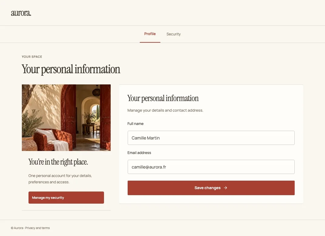 Haven account profile screen with editorial typography and warm architectural photography