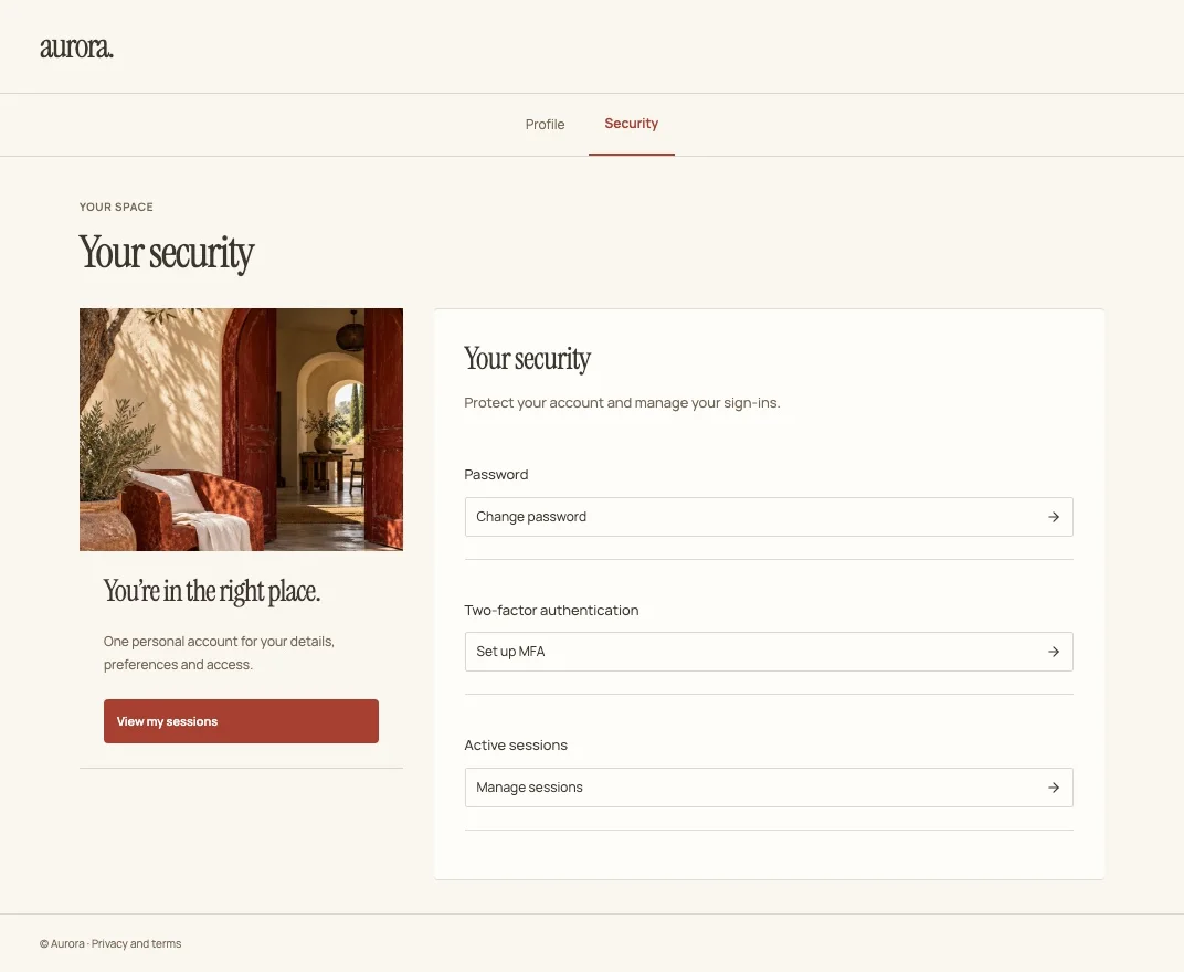 Haven security screen continuing the same cream, terracotta and photographic identity